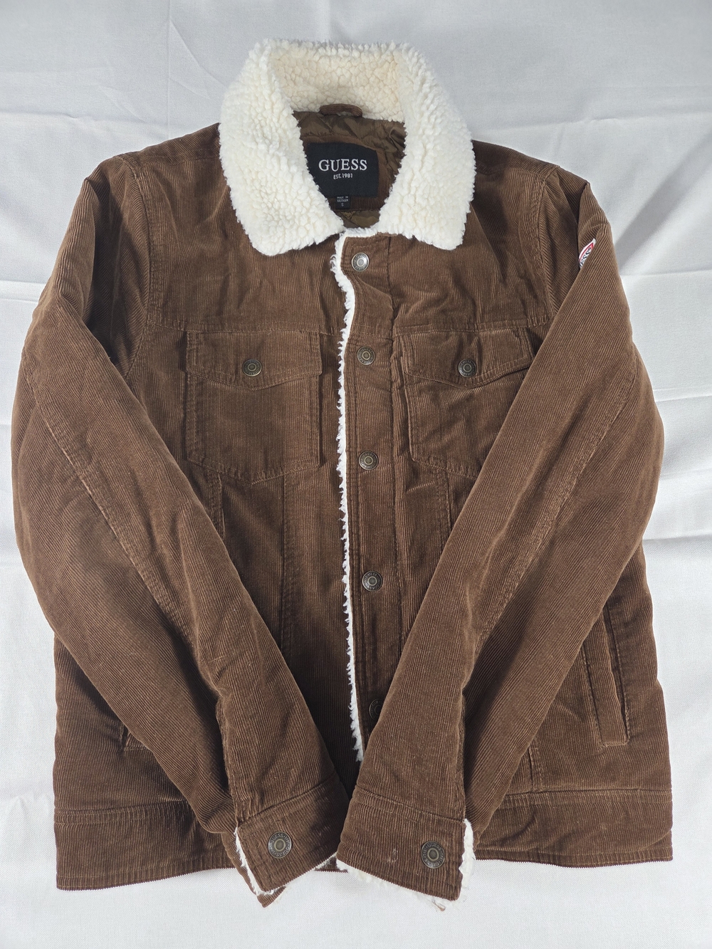 Guess Sherpa Lined Corduroy Trucker Jacket Brown Men's Small
